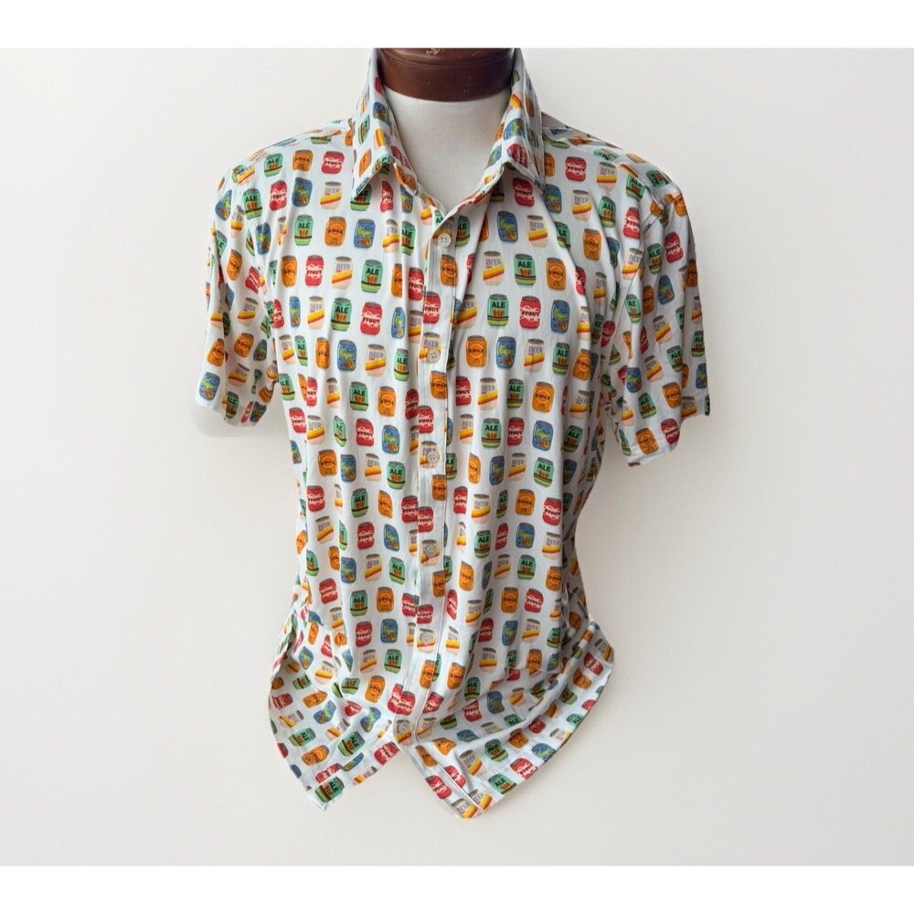 Hallstatt Men’s Short Sleeve Button Up Shirt Beer Can Print White Size M